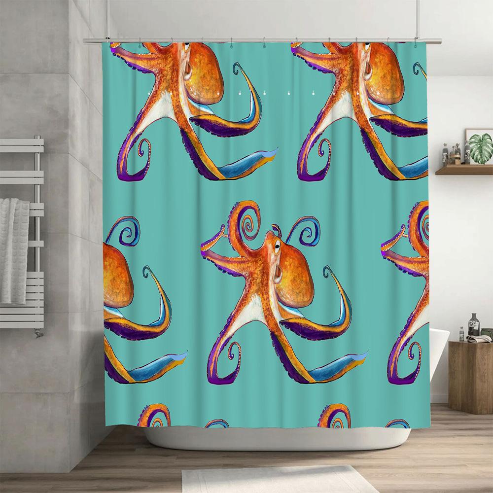 Octopus Print Shower Curtain Waterproof Bath Decorations For Home Decoration Bathroom Accessories Blue Background With Purple Ye
