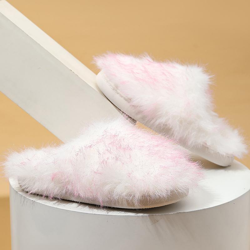 Fashion Elegant Mix Color Fur Slippers Women Winter Faux Fur Warm Indoor Plush Slides for Woman Round Toe Non Slip Cotton Slippers Lady