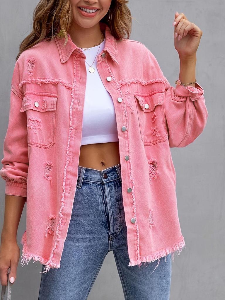 Women's 2025 European & American Solid Color Ripped Denim Jacket - Loose Fit, Long Sleeve