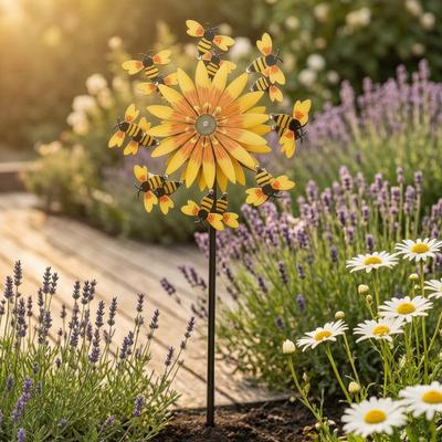 Bees Wind Spinner 360 Degree Rotating Sunflower Windmill Yard Art with Stake Metal Kinetic Wind Sculpture for Home Lawn Backyard Patio Decor