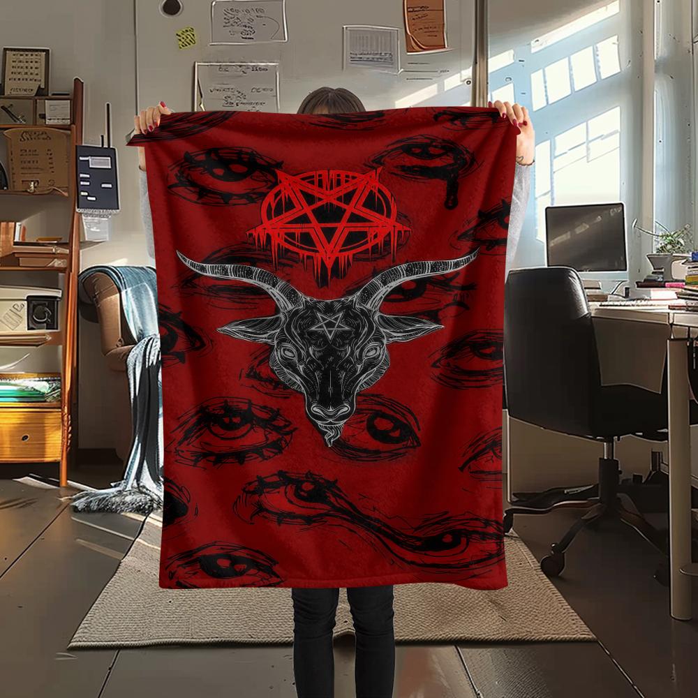 1 szt. Koc flanelowy z nadrukiem symbolu Szatana, Wysoka jakość, Na wszystkie pory roku, Wystrój domu, Ciepło i komfort, Idealny na prezenty świąteczne