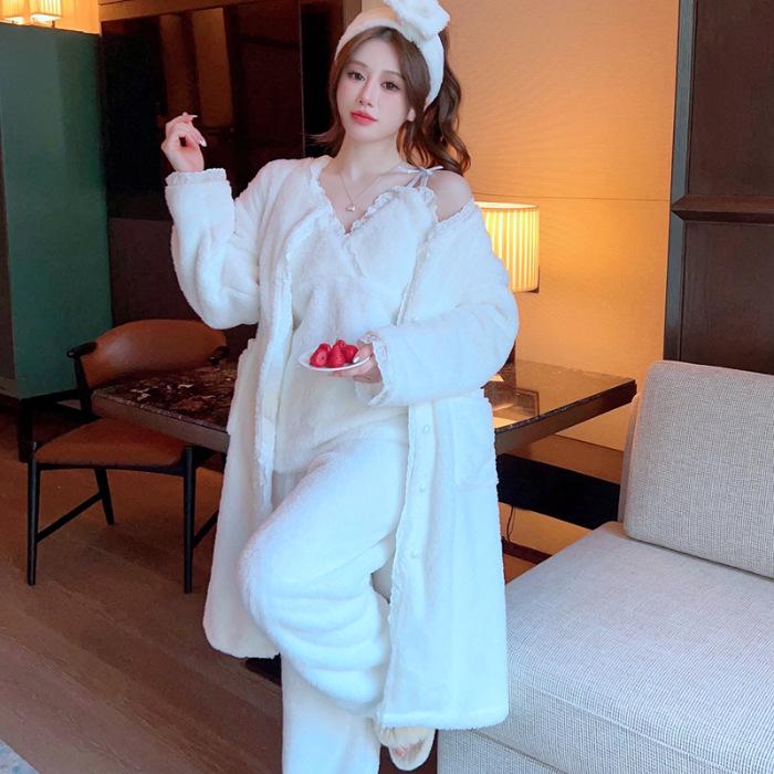 Suspender Trousers & Outer Robe Set with Chest Pad + 3D Hairband - Autumn/Winter Sexy Pajamas Coral Fleece 4-Piece Set.
