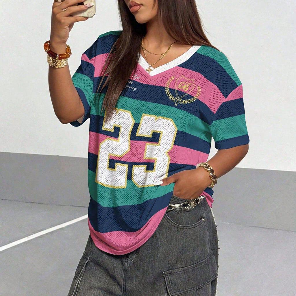Women's Loose V-Neck Sporty Mesh T-Shirt with Digital Print