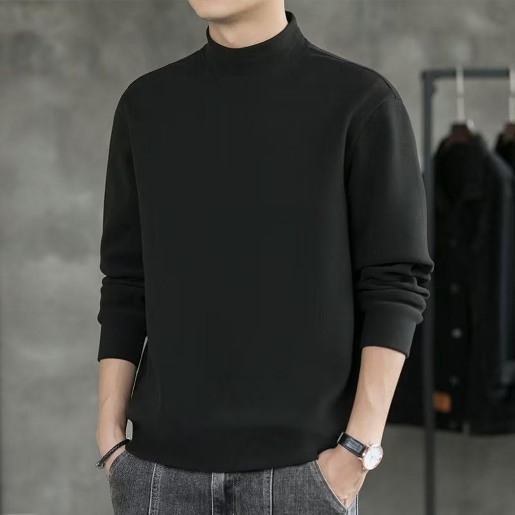 Men's Solid-color Casual High-neck Fitted Long-sleeved T-shirt, Men's Fleece Warm Base Layer Top
