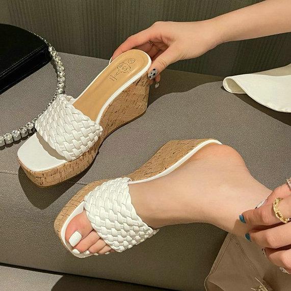 

Fashion Versatile High Heels, Waterproof Platform, Thick-Soled, Fashionable Fish-Mouth, Anti-Slip Woven Wedge Heel Flip-Flops For Women 40 белый
