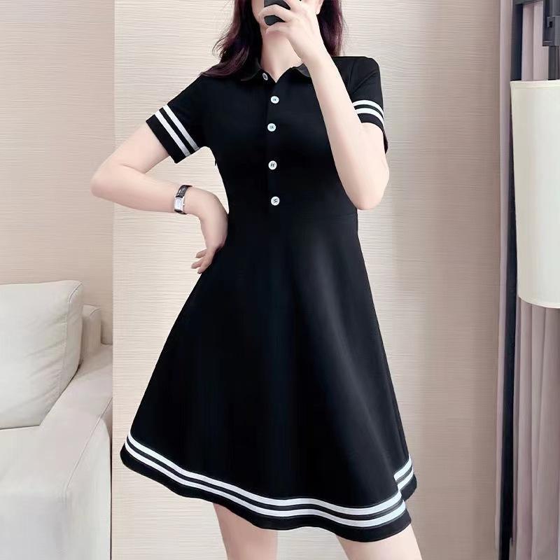 Women Summer Polo Collar Short Sleeve A‑Line Dress Casual Mid‑Length T‑Shirt Dress Slim Hide Belly Office Commuter Dress