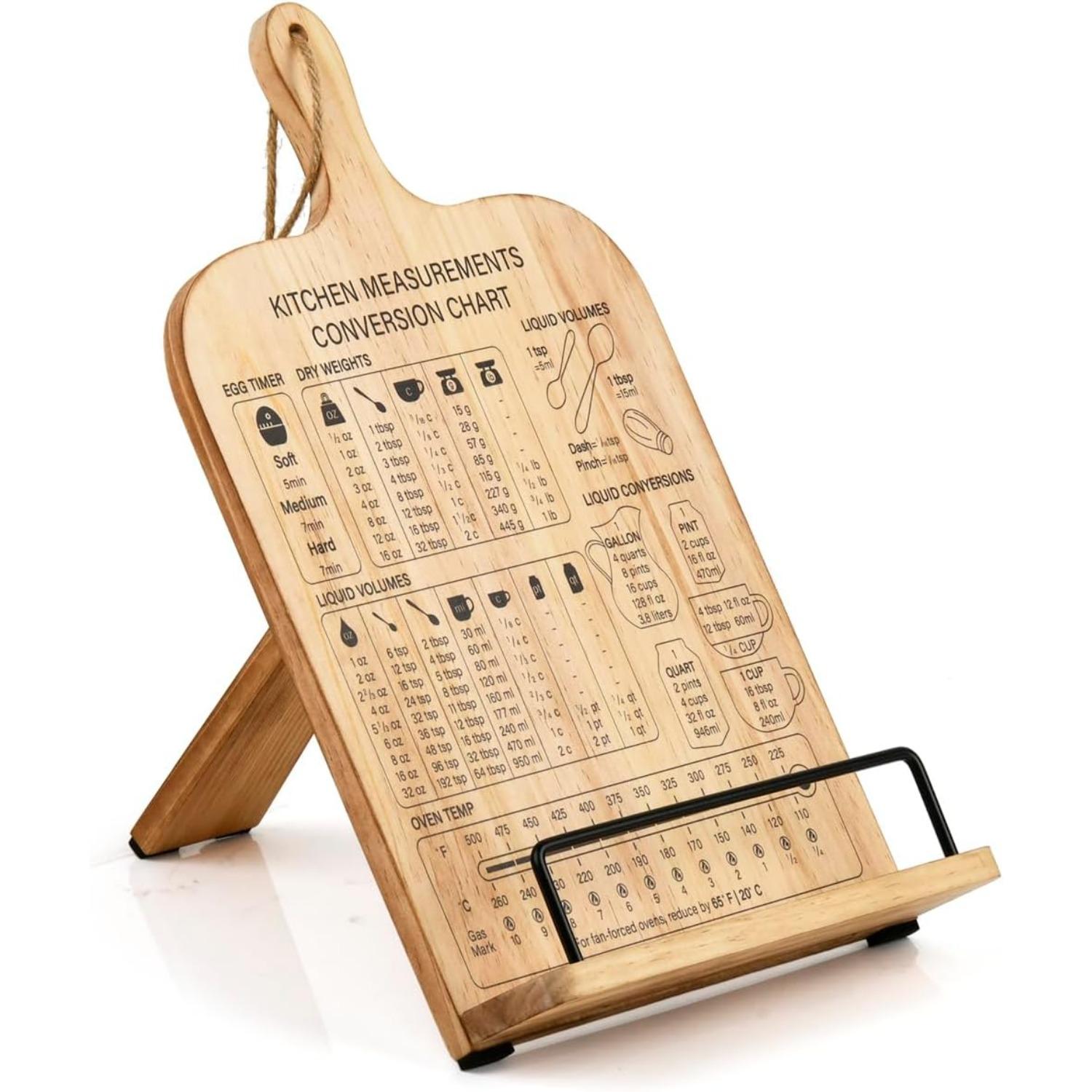 Book Stand Holder Recipe Book Stand Holder with Measurement Conversion Chart Wooden Cookbook Stand for Kitchen Counters Foldable Hangable Cookbook