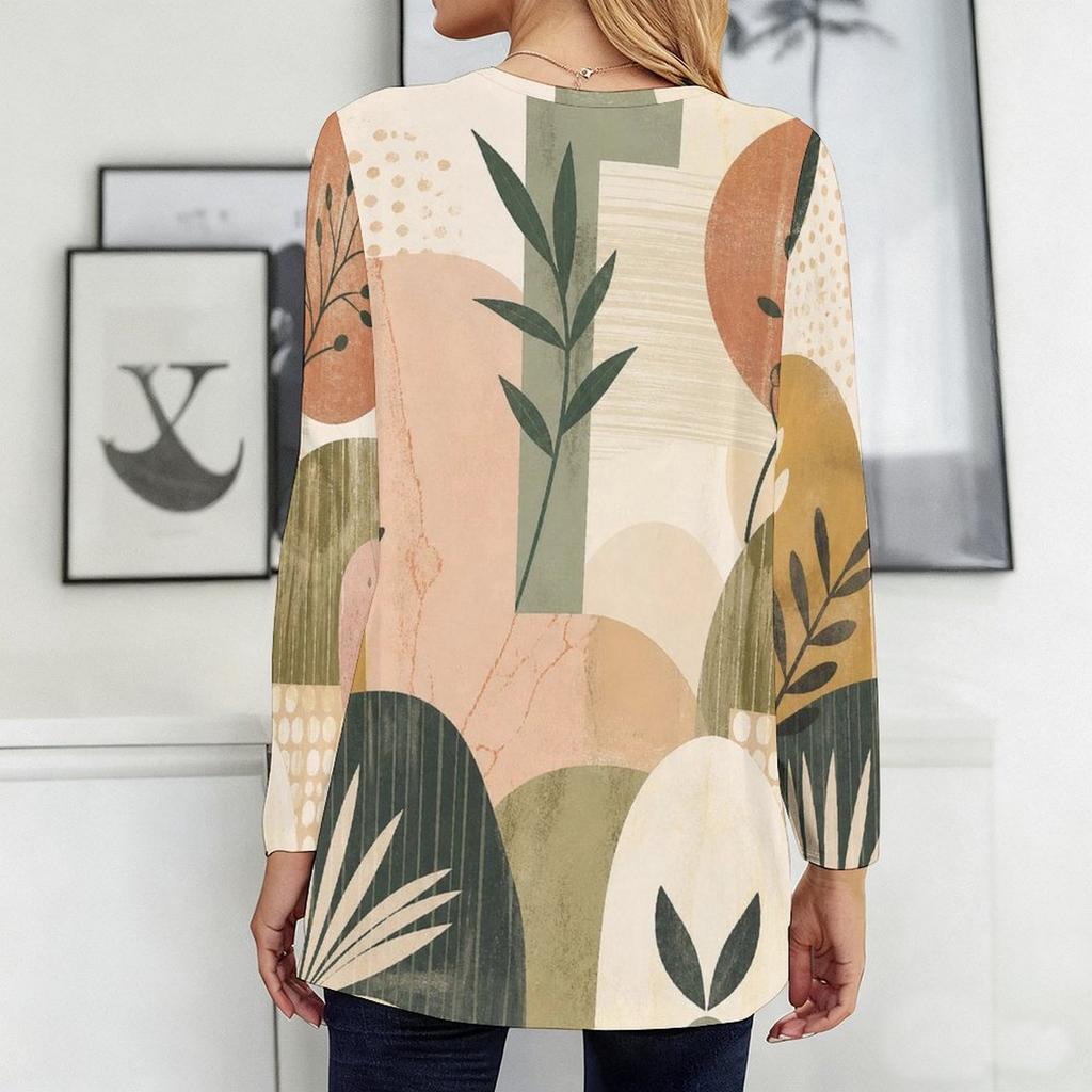 Women Plus Size Round Neck Long Sleeve Blue White Tie Dye Printed Loose Longline T Shirt With Pockets