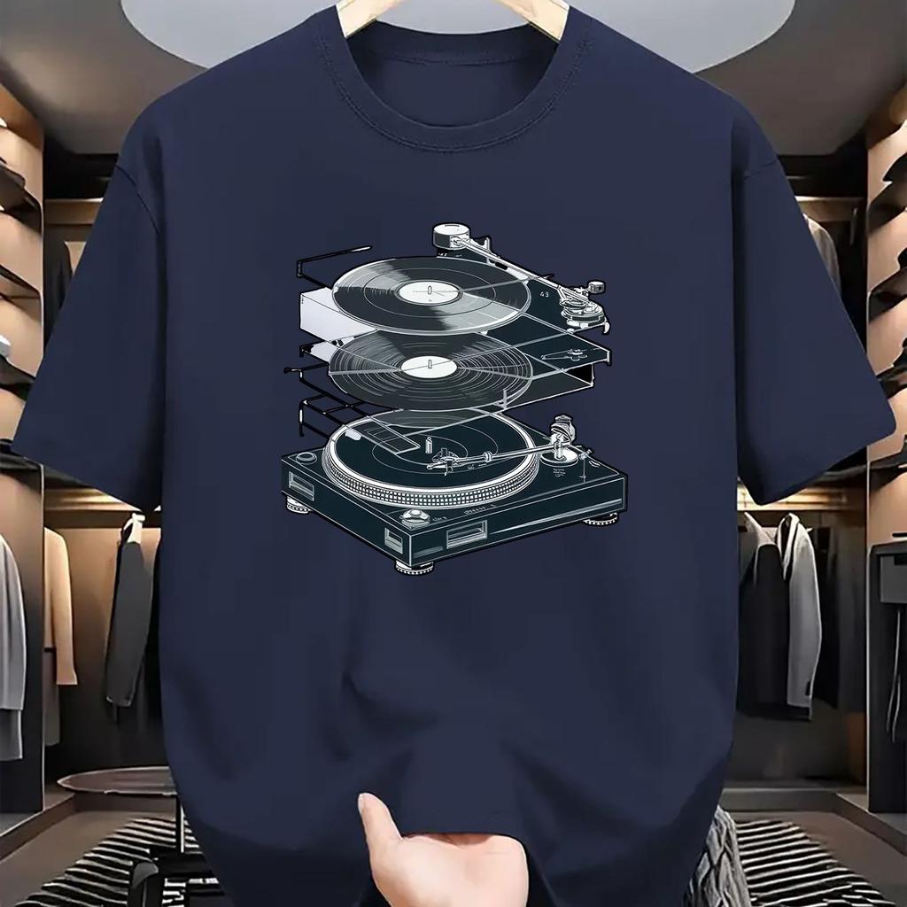 Men DJ Turntable Graphic T-Shirt Summer Short Sleeve Crew Neck Comfortable Polyester Fabric Clothing