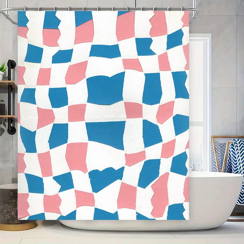 

Colorful Bathroom Shower Curtain Set: Blue Pink Geometric Design Waterproof Liner For Bathrooms Decor W60H190(CM)-1 Pcs