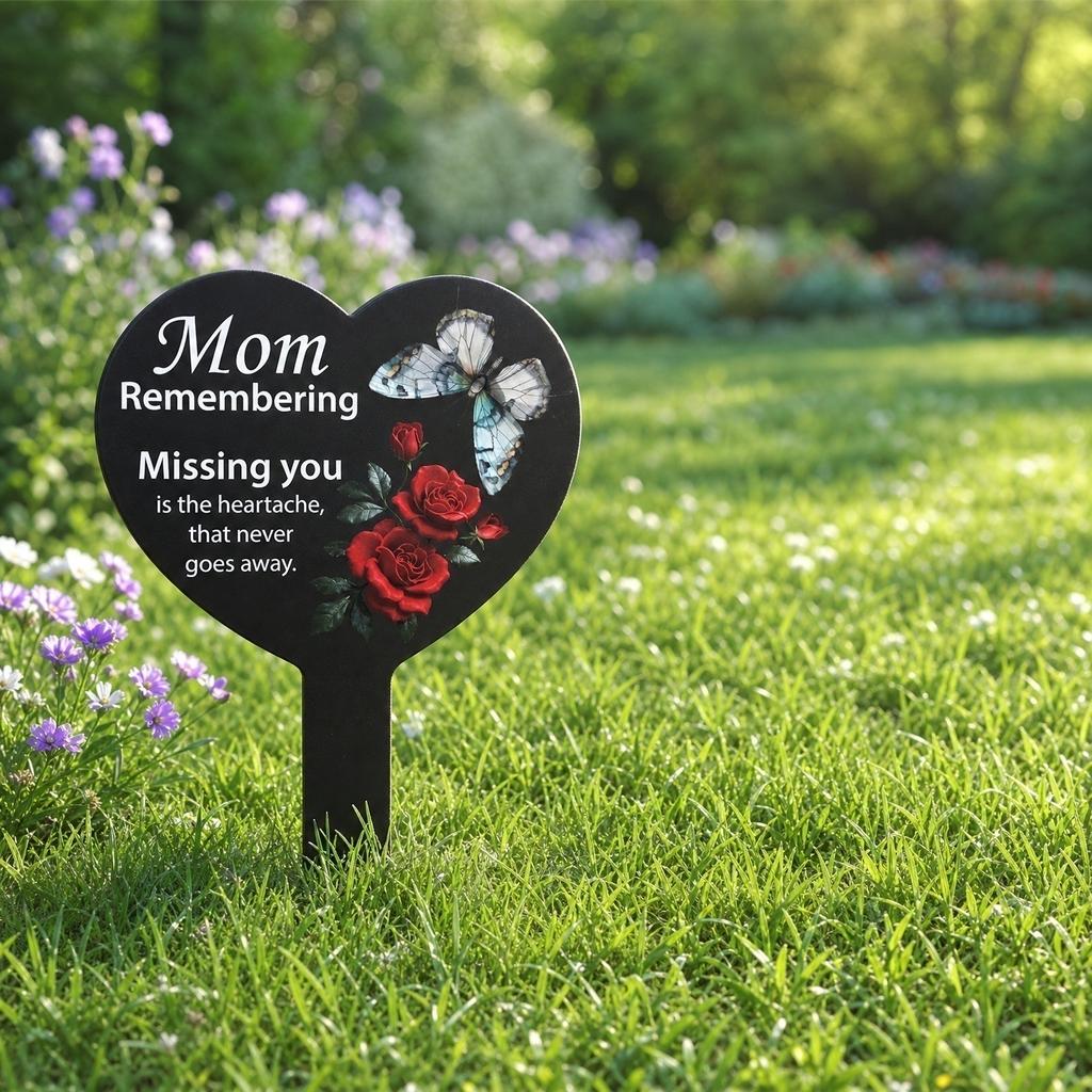 Heart Shaped Metal Memorial Garden Stake with Butterfly and Floral Design Engraved Remembering Mom Quote Suitable for Outdoor Cemetery Decoration