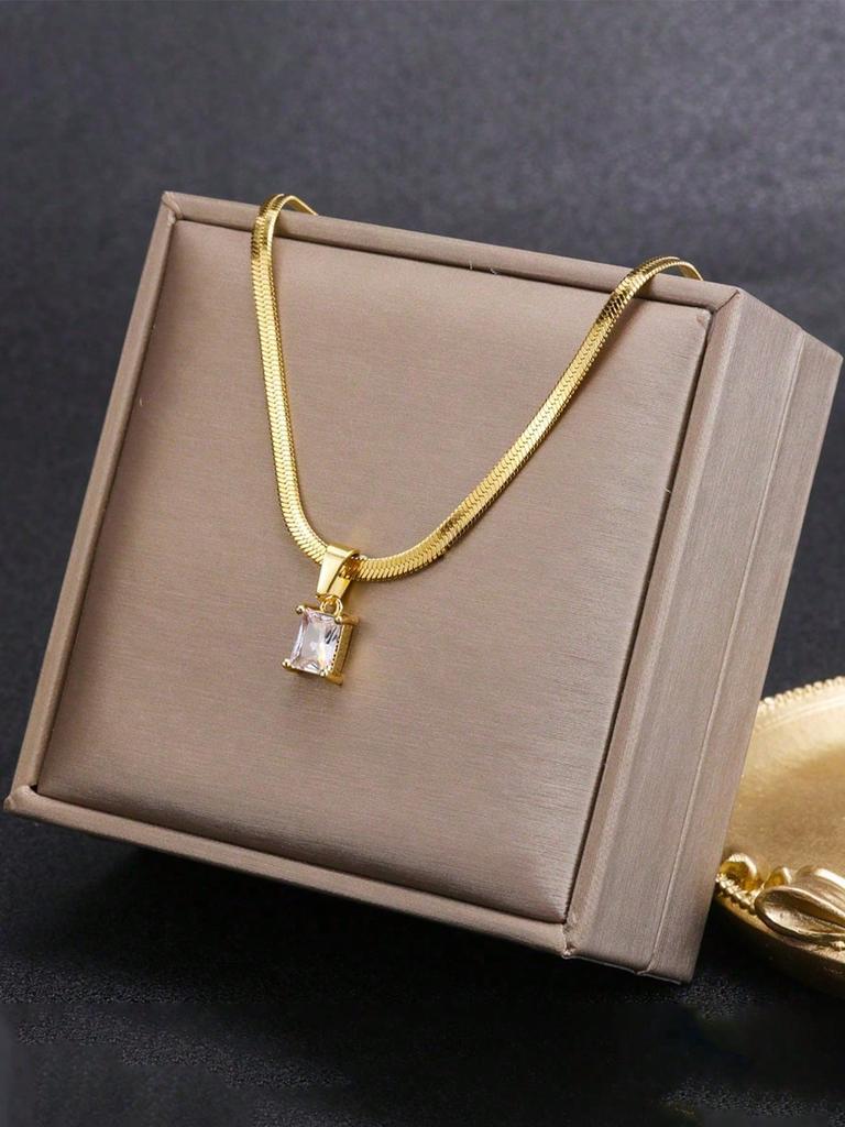 1pc Minimalist Square Cubic Zirconia Pendant Stainless Steel Blade Chain Necklace For Women, Suitable For Daily Wear And Gift