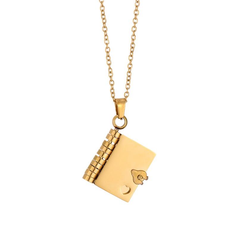 Stainless Steel Book-Shaped Pendant Necklace With Custom Engraved Message Mom Dad Grandma Or Lover Gold Plated Chain