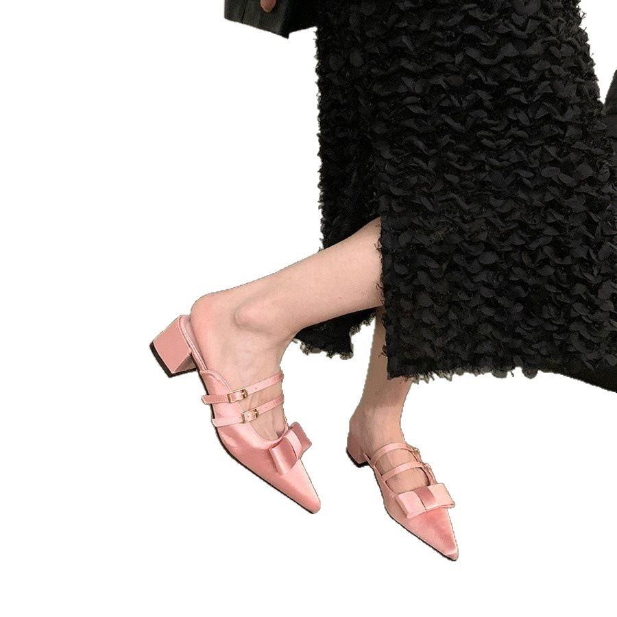 Pointed Toe Sandals Bow New French Thick Heel Bag Head Half Slippers Women's Shoes 2025 Summer Mary Jane Outer Wear