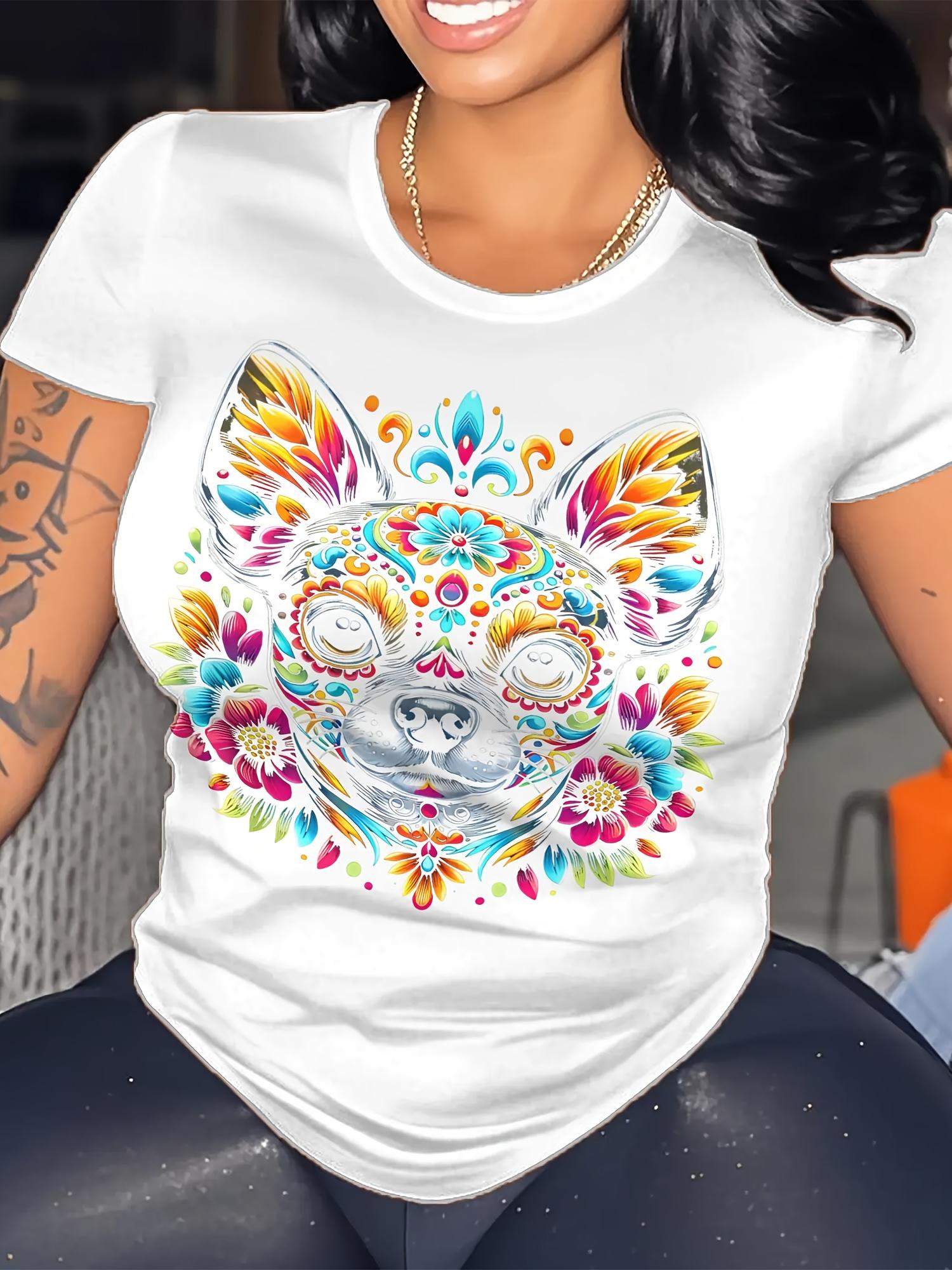 Женская ретро футболка с графическим принтом  Мама чихуахуа  и подсолнухом - Цветочный дизайн с собакой, короткий рукав, круглый вырез, повседневная футболка S белый