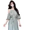 Korean summer new sweet small fresh off-the-shoulder dress for women's design waist hanging neck holiday long skirt