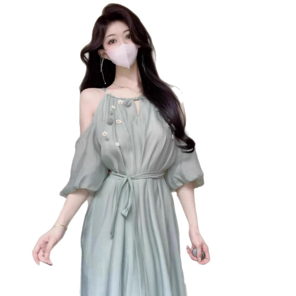 Korean summer new sweet small fresh off-the-shoulder dress for women's design waist hanging neck holiday long skirt