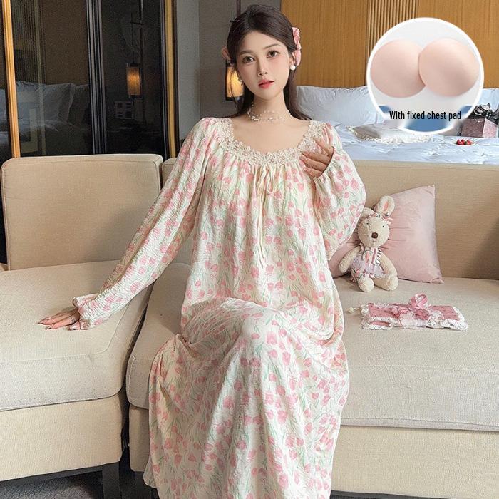 

Женская милая пижама принцессы: Хлопок Клауд, Длинный рукав, Нагрудные подушечки, Ночная сорочка средней длины, Идеально подходит для весны и осени для дома или повседневной носки. Large