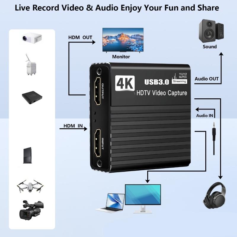 Video Capture Card 1080p 60fps Capture Device Aluminum 4K Adapter For Console Recording Live Broadcast Monitor Display