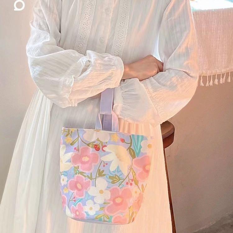 Small Fresh Flower Portable Bucket Bag Canvas Bag Going Out Shopping Female Student Storage Bag Work Bento Bag