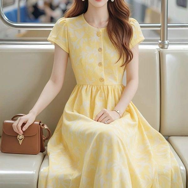Elegant Yellow Floral French Hepburn Style Waist-Cinching Slim Dress for Women - Summer Collection M for up to 105 Jin жёлтый