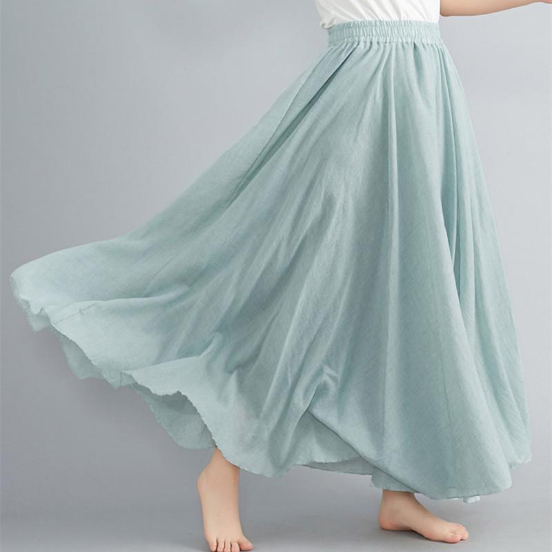 Women's Plus Size Cotton Linen Midi A-Line Skirt with Elastic Waist In 20 Colors