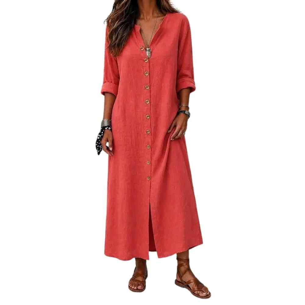 Vintage Long Dress Women Loose Fit V Neck 3/4 Sleeve Front Buttons Split Hem Maxi Dress Casual Work Vacation Solid Color Dresses