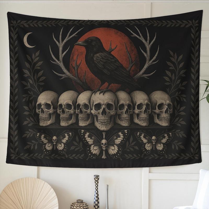 Tapestry of ravens and skulls gothic 75x100