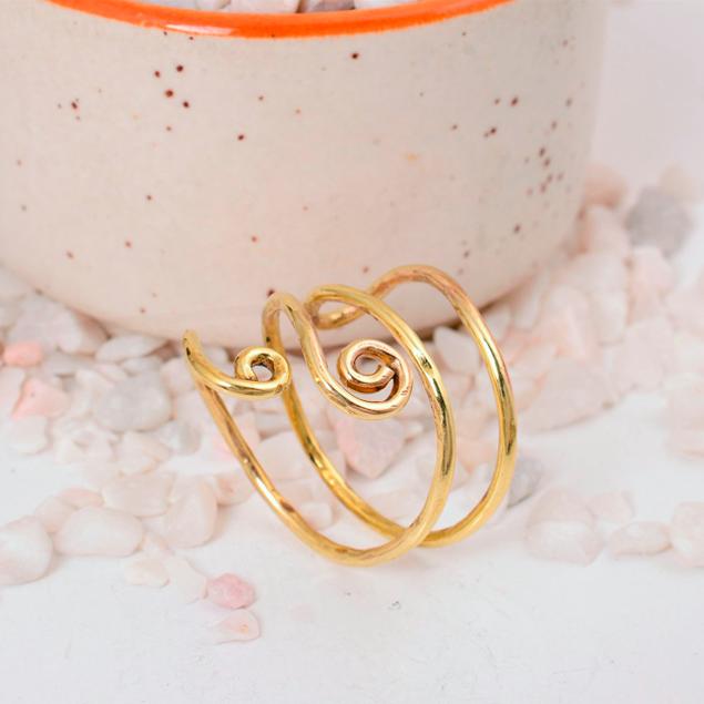 Wide Double-Coil Gold Spiral Ring: Bold, adjustable wire wrap jewelry with opposing scroll ends, perfect as a statement thumb or toe ring.