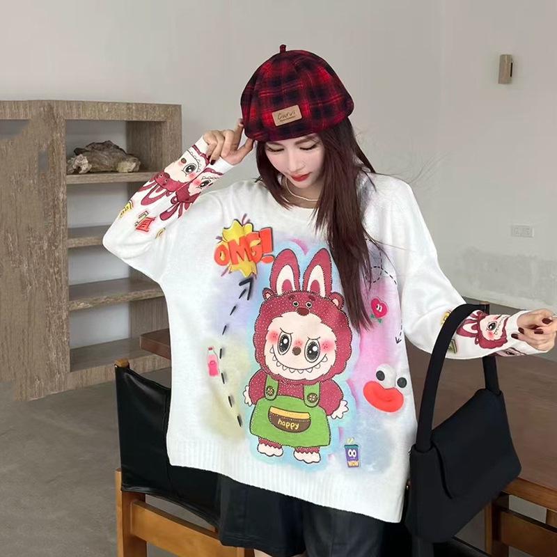 European Heavy Rhinestone Cartoon Sweater: Cute, Versatile Long Sleeve Knit for Spring & Autumn Women