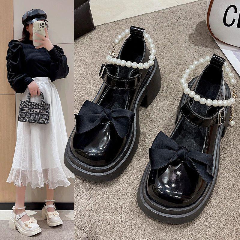 French high-heeled Mary Jane small leather shoes women's spring and summer new versatile bow pearl thick-soled thick-heeled single shoes