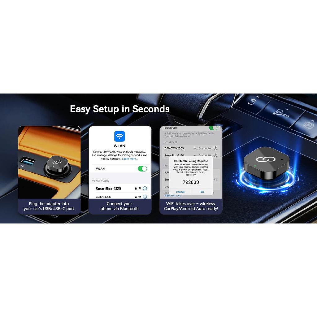 Spedal 2025 Latest Wireless CarPlay Apapter USB CarPlay & Android Auto,Type-C Port,Converts Wired to Wireless,Plug & Play,Auto-C