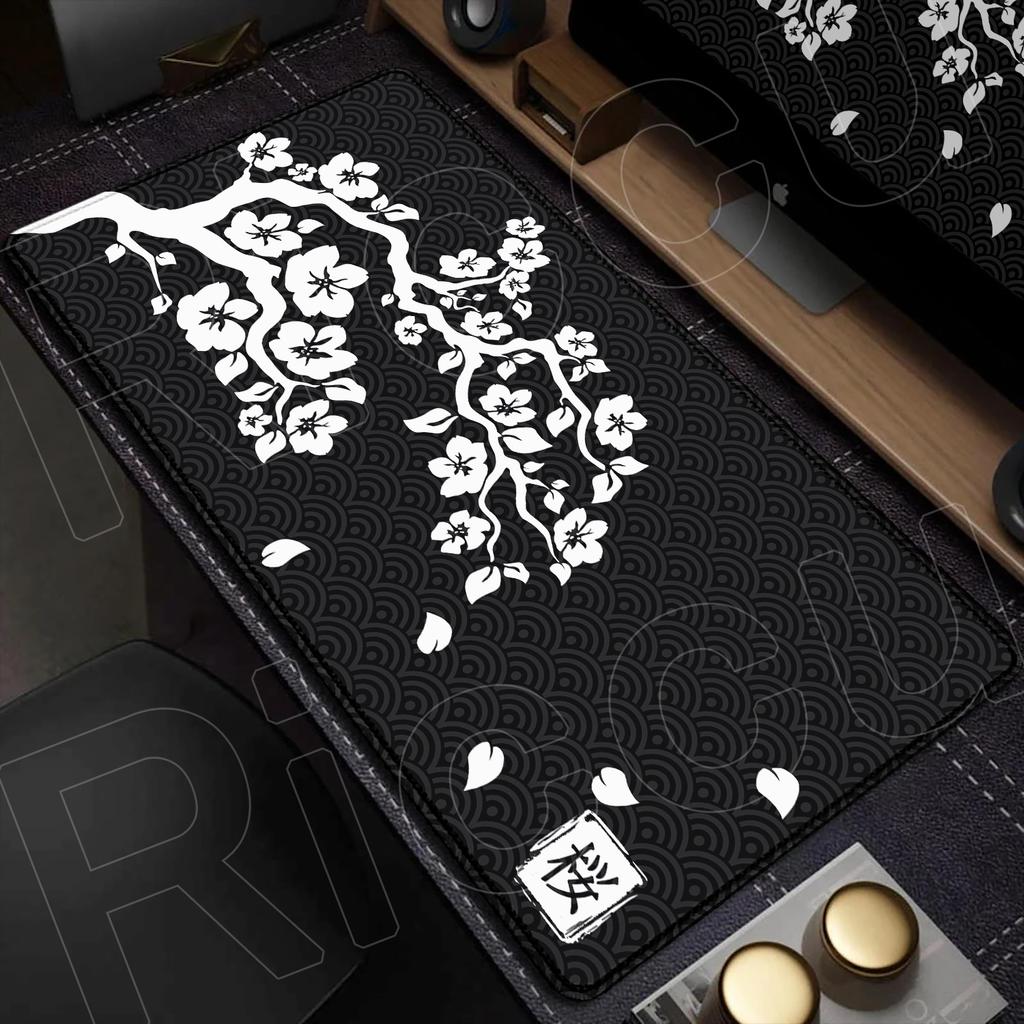 Rosa und Schwarz Neue Kirschblüte Schlossrand Natürliches Gummi Mauspade Großes Gamer Schreibtischpad Sakura Kunst Design Tastaturmatte Waschbar
