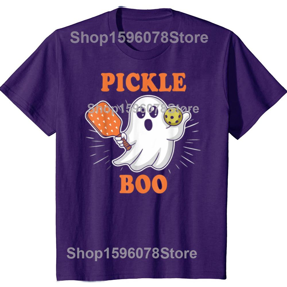 Funny Pickle-Boo Ghost Playing Pickleball Halloween T Shirts Men Cotton Humor Streetwear Tee Shirt Short Sleeve Unisex Clothing