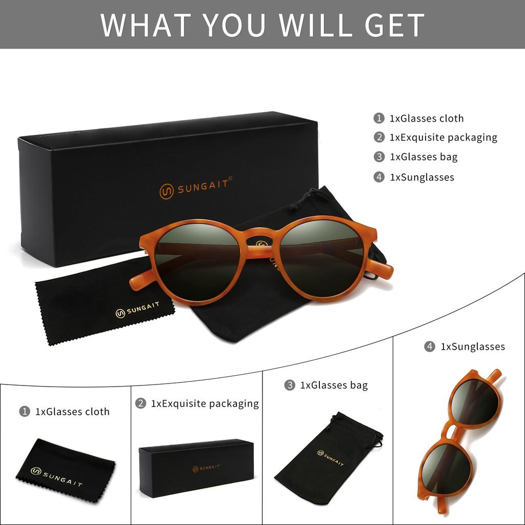 SUNGAIT Klassische Vintage Runde Polarisierte Sonnenbrille für Herren und Retro UV400 JP Damen, Stil, Schutz, SGT166-HDML