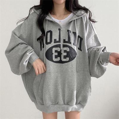 Damen-Sweatshirt, Reißverschluss, Kapuze, modisch, locker, lässig, mittellang, Top, Buchstabenmantel