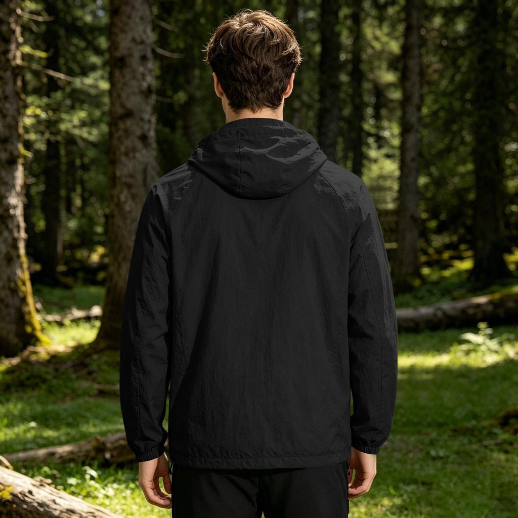Men's Lightweight Hooded Sun Protection Jacket UV Resistant Outdoor Windbreaker with Zipper Pockets and Adjustable Drawstrings for Travel