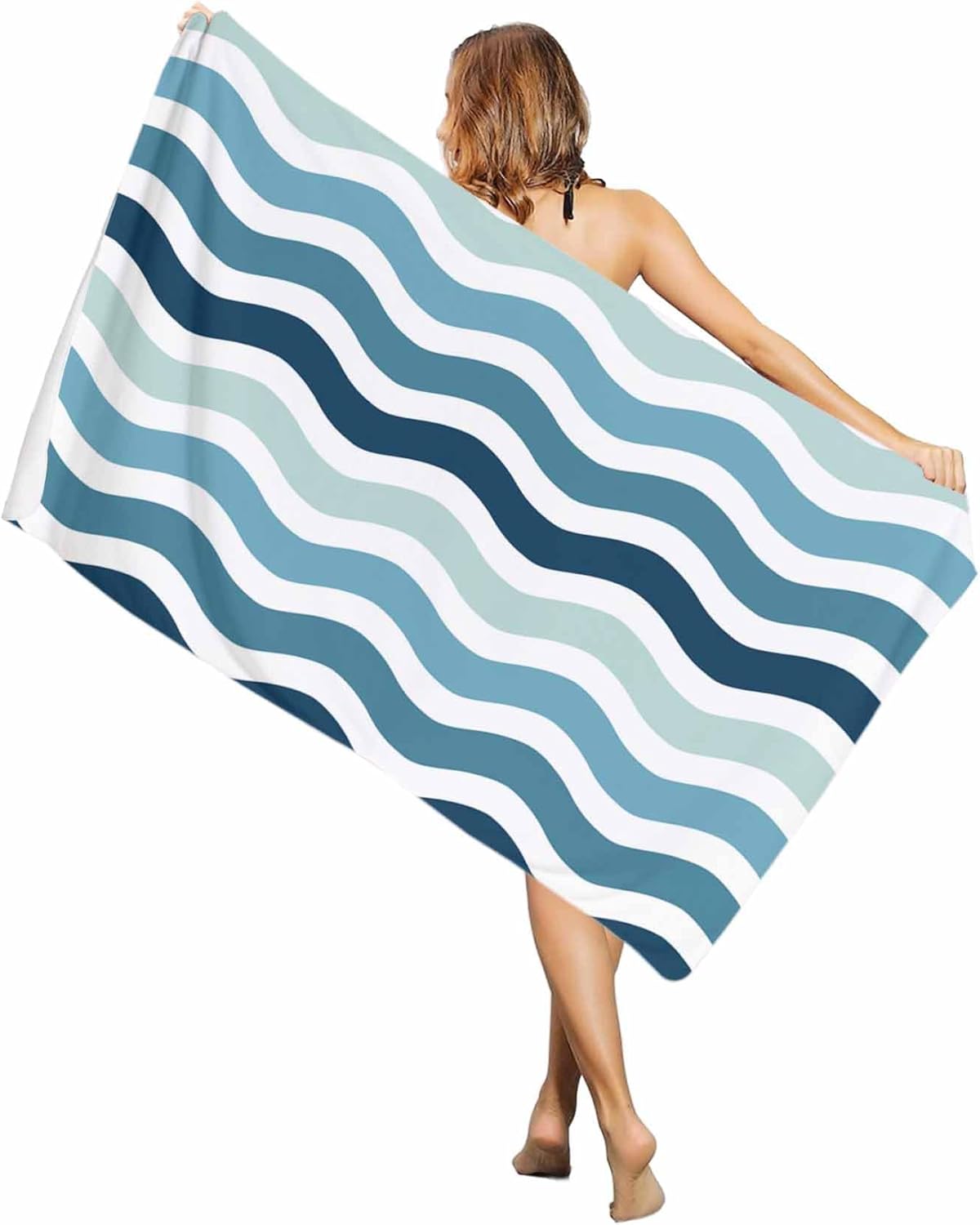 

Beach Towel Teal Nautical Waves Bath Pool Towels Lines Striped Absorbent Beach Towel Soft Large Quick Dry Lightweight Camping W40*H60(CM)