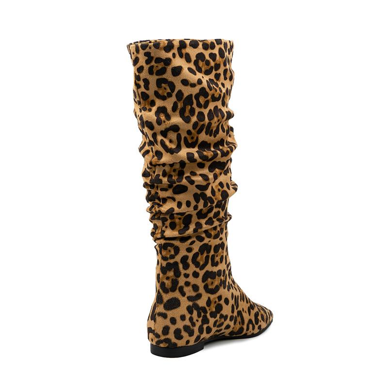 Fashion 2024 Autumn/winter Women Boots Pointed Toe Flat Heels Boots for Women Pleated Leopard Print Pattern Boots Mid-calf Women Shoes