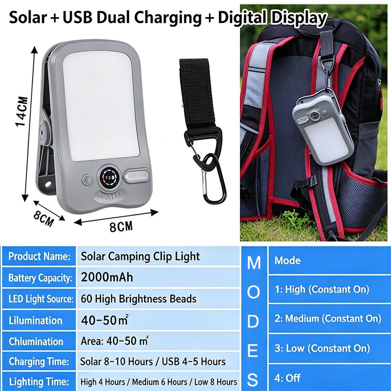 Solar USB Rechargeable Clip-On Camping Light, Waterproof LED Tent Lamp 3 Brightness Modes Portable Outdoor Lantern for Hiking Fishing Emergency