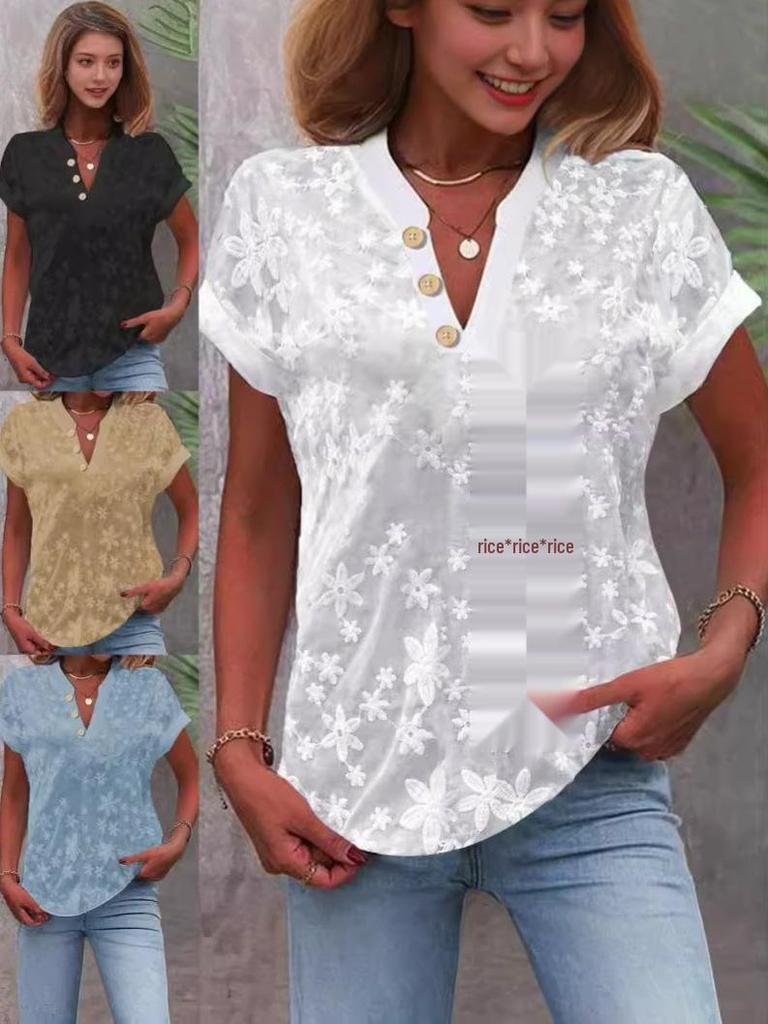 2025 Summer Casual Lace Embroidered V-Neck Women's Short-Sleeve Shirt