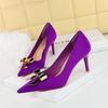 Women's Shoes with Thin Heels, High Heels, Silk, Shallow Mouth, Pointed Metal Bow, Single Shoe