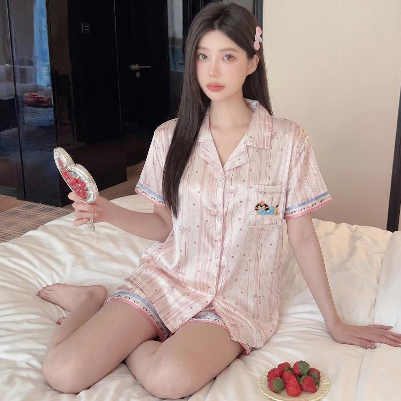 French princess style summer short-sleeved pajamas female cartoon dachshund dog ice silk satin thin loungewear set