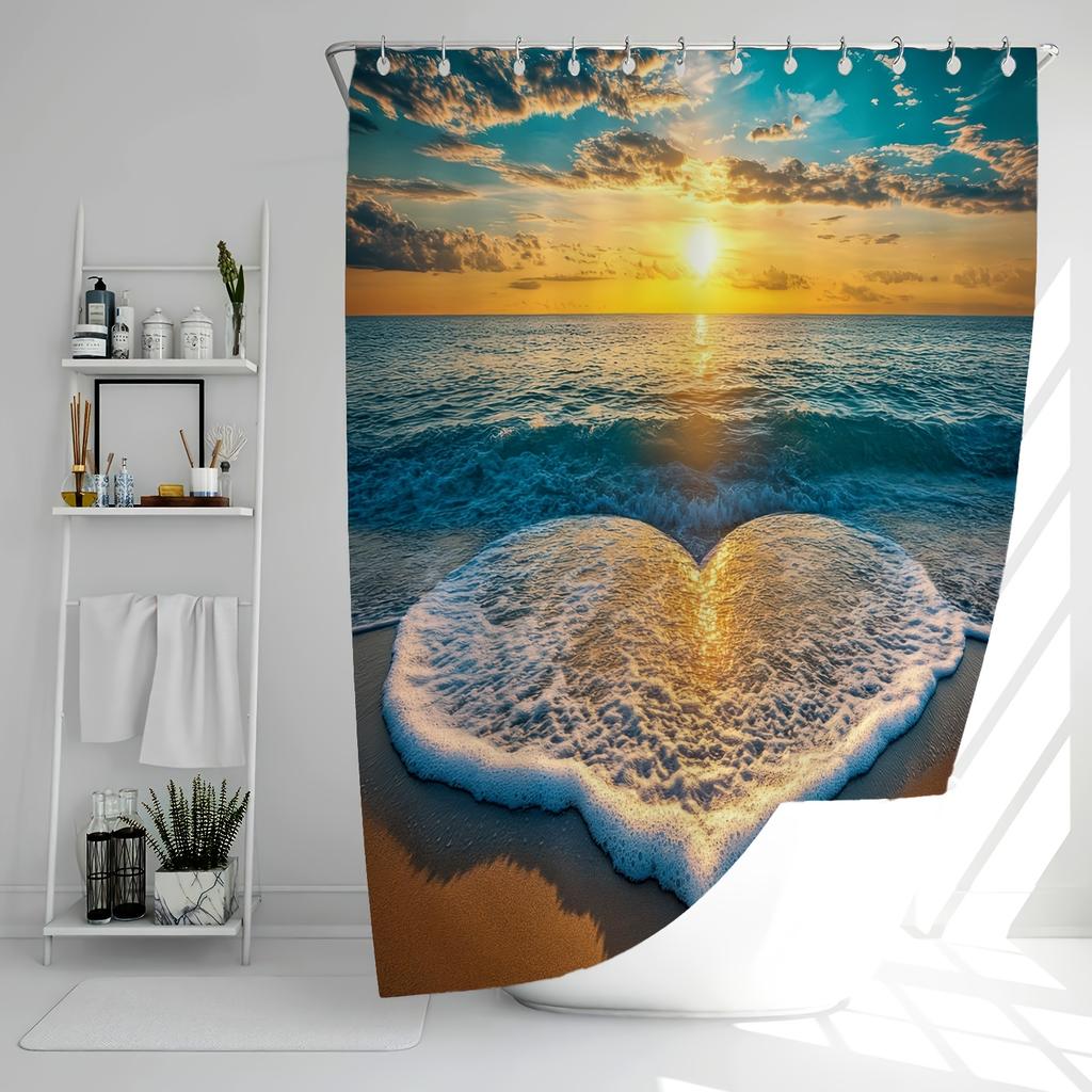 Ocean Heart Beach Sunset Shower Curtain – Vibrant Waves Design, Polyester with Hooks for All-Season Bathroom Decor