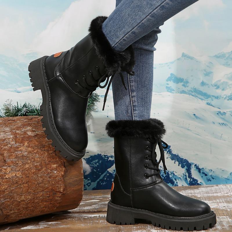 Pantofi Mărimi Mari 2024 pentru Femei Cizme de Damă Până la Mijlocul Gambei Cizme Moderne Călduroase Femei Cu Șireturi În Față Vârf Rotund Pantofi cu Toc Mediu Femei