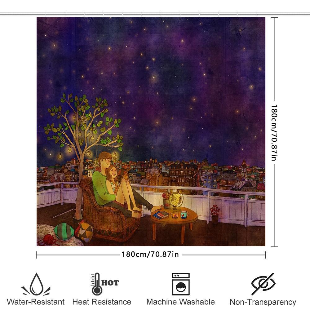 Anime Couple Landscape Shower Curtain Romantic City View Decor Bathroom Fabric Backdrop Wall Tapestry Home Decor