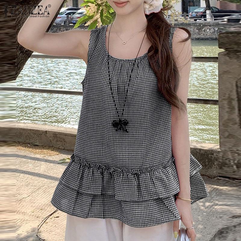 ZANZEA Womens Casual Round Neck Loose Sleeveless Grid Print Vest Tops