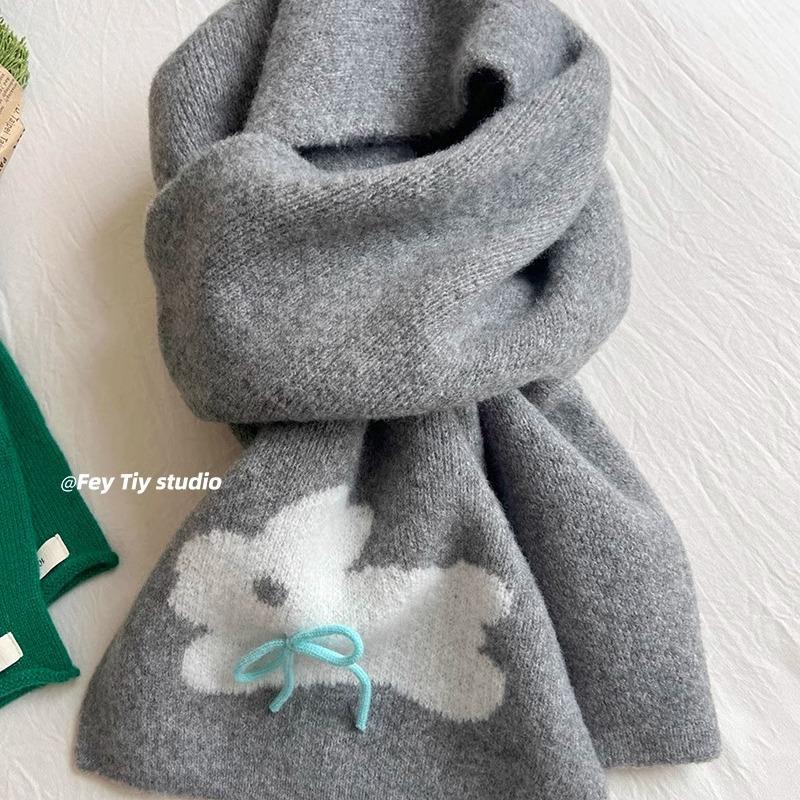 Sweet Cool Rabbit Handmade Bow Winter Warm Scarf Women's Knitted Wool Imitation Cashmere Scarf Solid Color Cartoon Korean
