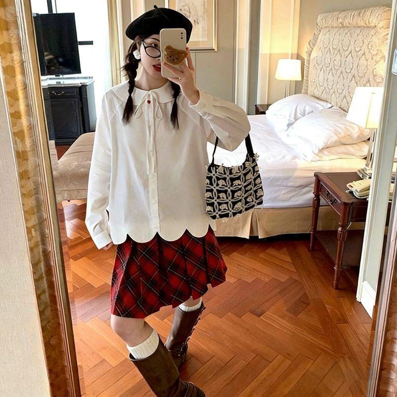 Unisex Age-Defying White Long-Sleeved Shirt with Doll Collar - Casual Loose Fit for Spring & Autumn