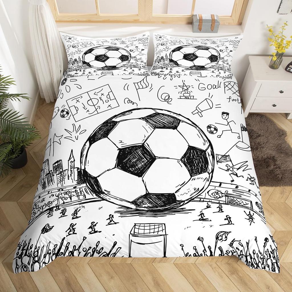 Erosebridal Football Comforter Cover, Hand Drawn Sketch Soccer Flag Network Team Sports Duvet Cover for Boys Teens Men, Decorative 2 Piecce